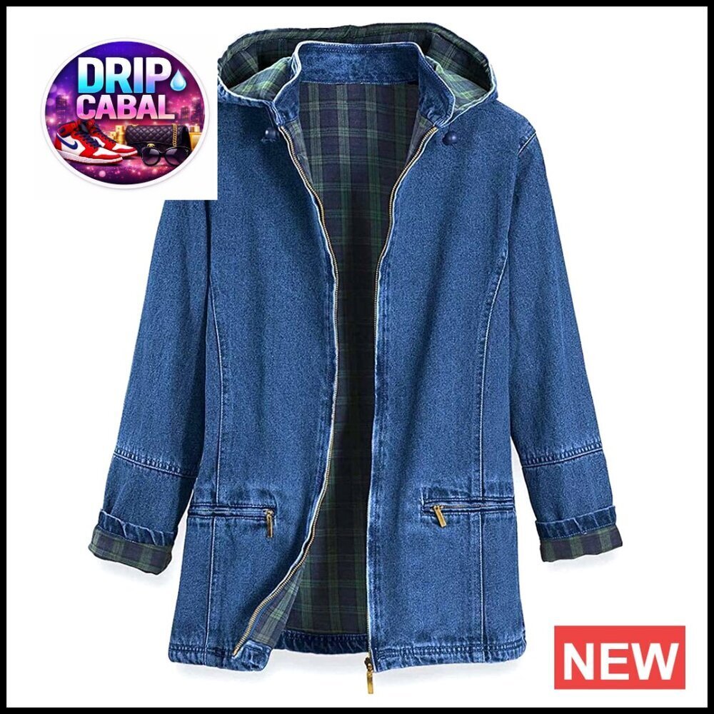 Flannel Lined Denim Jacket with Detachable Hood, Zip Pockets, 100% Cotton, Size